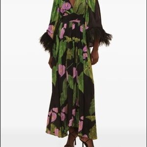 Farm Rio Feather Trimmed Floral Print Dress